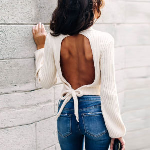 autumn and winter women's sexy backless lace high collar long sleeve short sweater