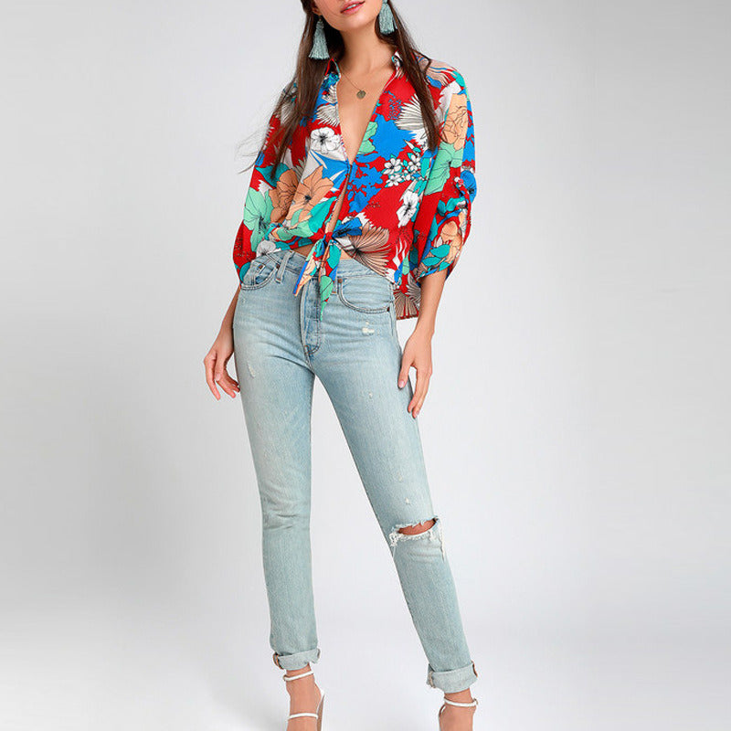 new women's sexy large V-neck flowers tied knot long-sleeved shirt