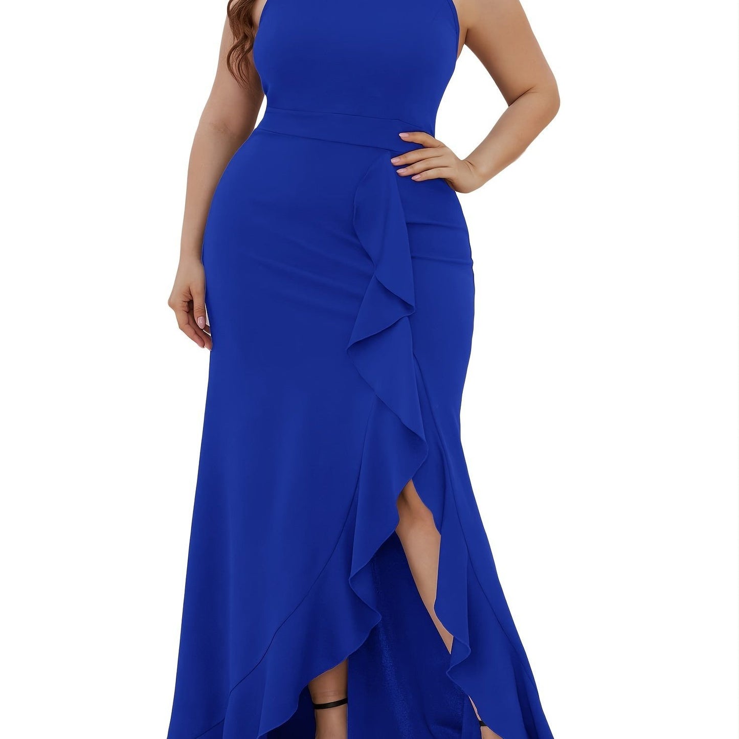 Plus Size Solid Ruffle Trim Split Hem Halter Neck Dress; Women's Plus Party; Events Elegant Maxi Prom Dress