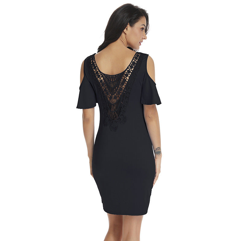 European and American women's fashion new solid color back lace dress