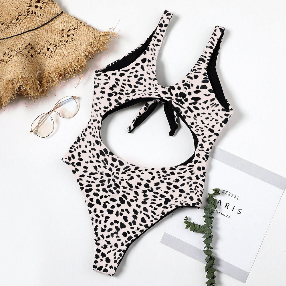 Europe and the United States new swimwear ladies one-piece leopard print chest knotted swimsuit