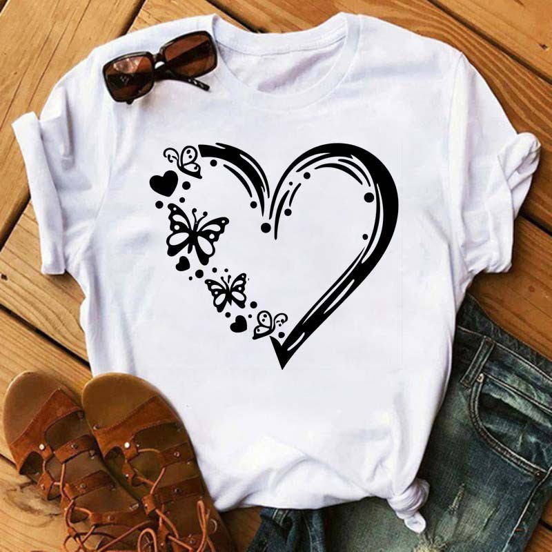 Watercolor Butterfly Heart Printed T Shirt New Women Black T Shirt Harajuku Cute Graphic Tee Shirt Ladies Casual Female Tops Tee