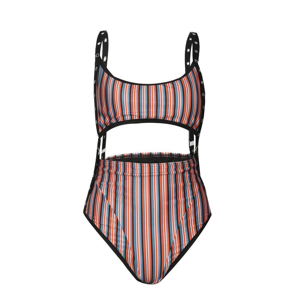 Europe and the new swimwear sexy striped strap buckle one-piece swimsuit