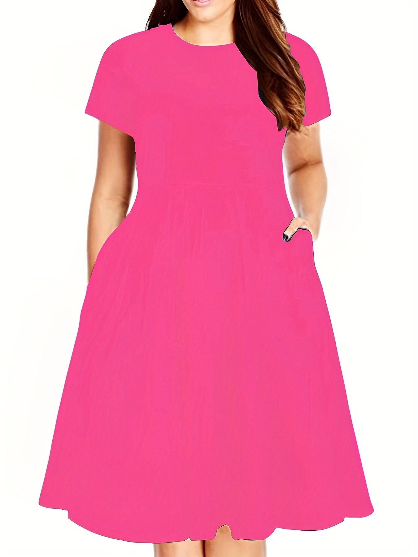 Plus Size Solid Short Sleeve Midi Dress With Pocket; Women's Plus Medium Stretch Fashion Midi Dress