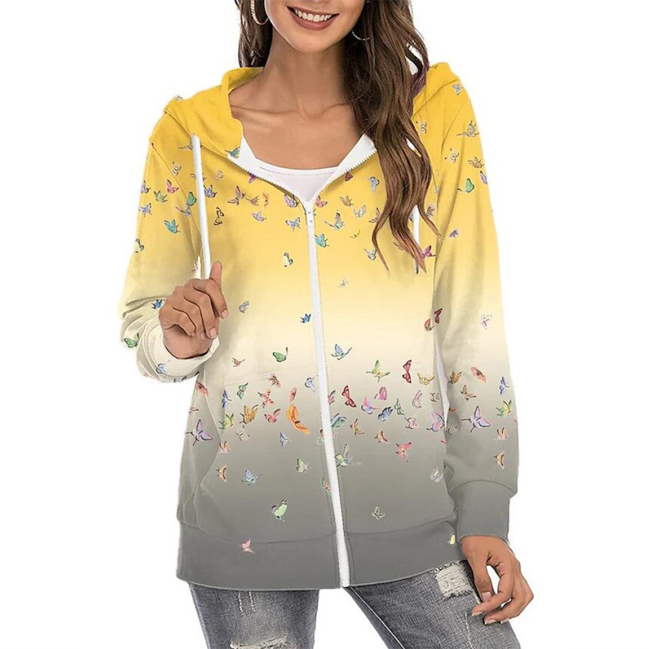 Autumn and winter new women's clothing printed Hoodie zipper commuter gradient coat women