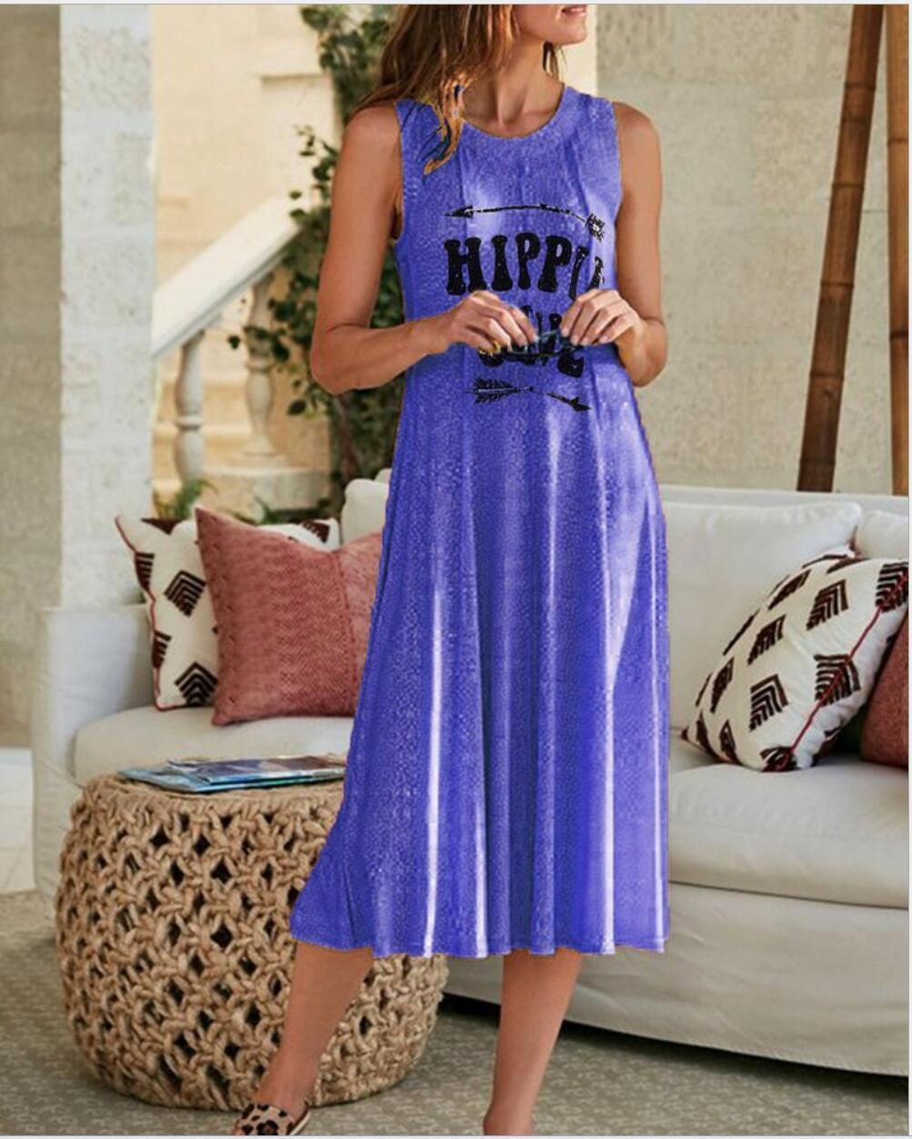 Summer new women's simple letter printing casual long round neck sleeveless vest dress