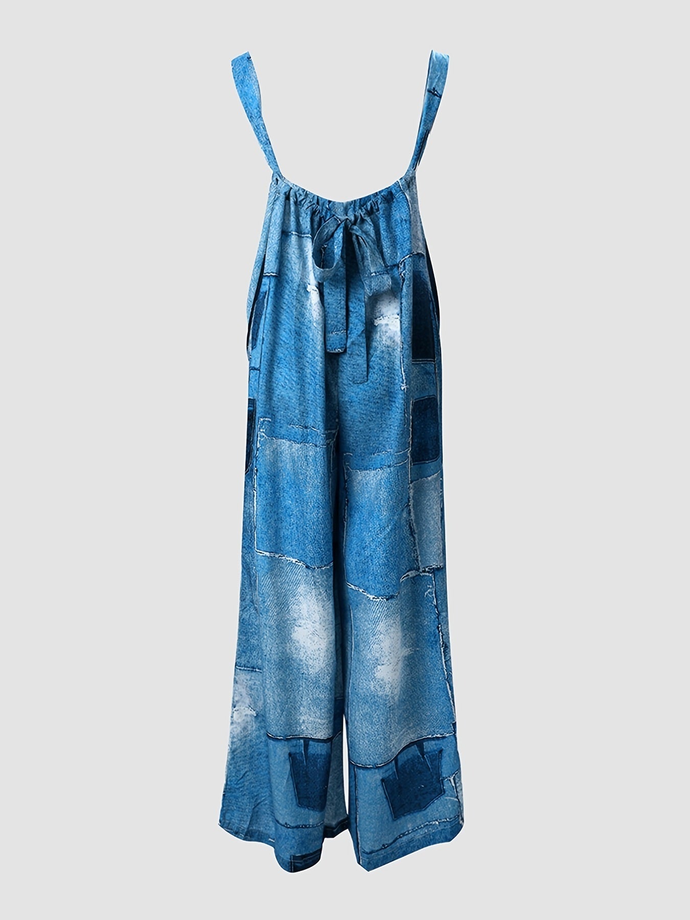 Hippie Patchwork Denim Print Sleeveless Cami Jumpsuits; Wide Leg Long Length Casual Jumpsuits