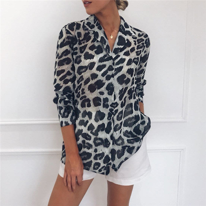 Europe and the United States spring and autumn new women's leopard print V-neck long-sleeved chiffon shirt women