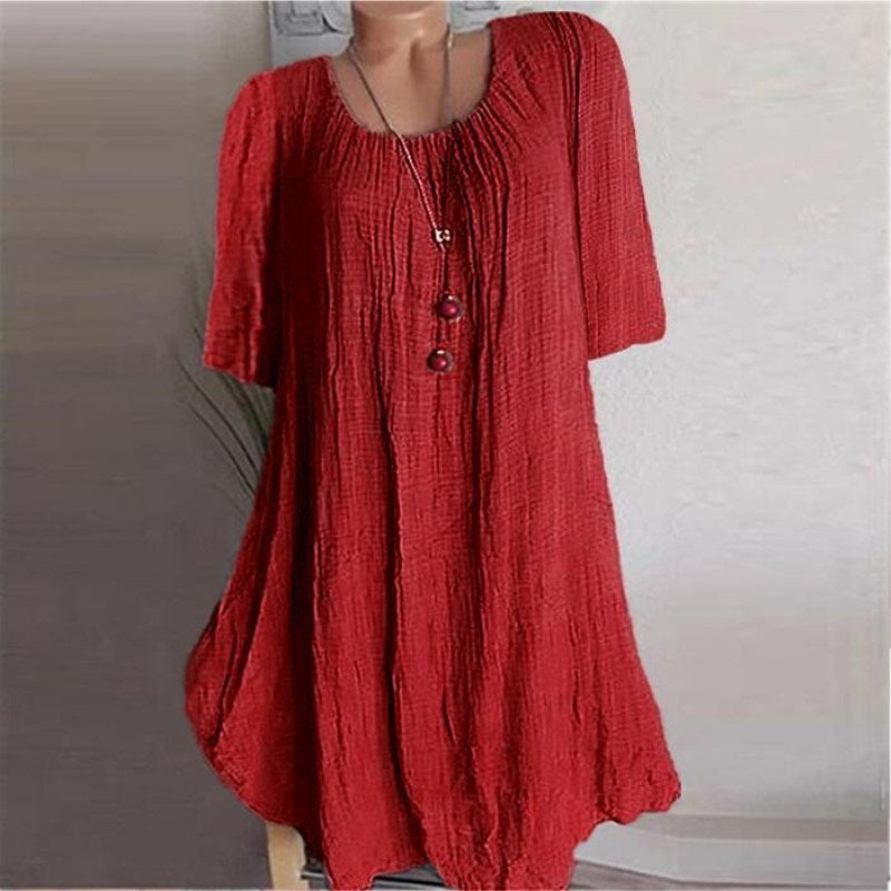 Autumn Cotton and Linen Solid Color Irregular Sleeve Dress