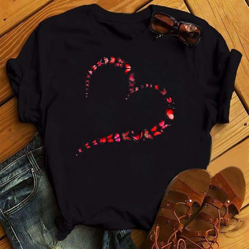 Watercolor Butterfly Heart Printed T Shirt New Women Black T-Shirt Harajuku Cute Graphic Tee Shirt Ladies Casual Female Tops Tee