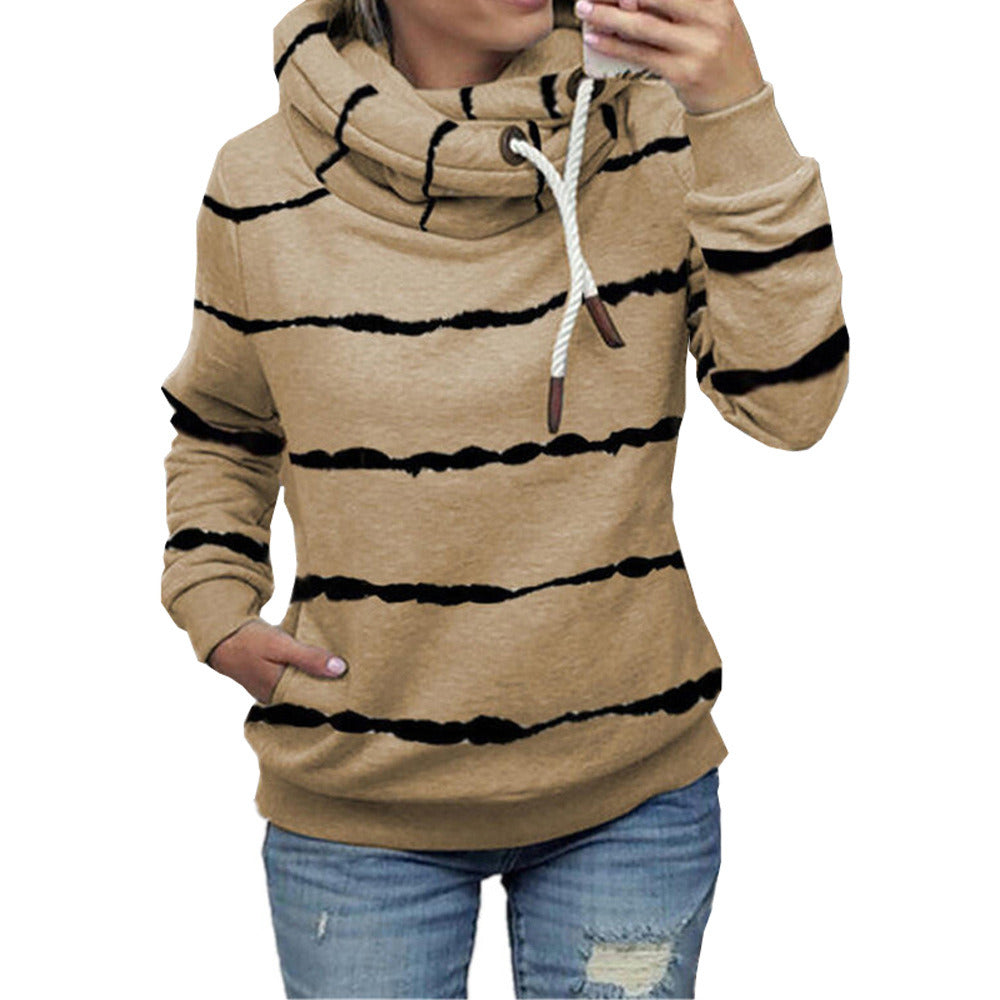 autumn and winter new women's striped printed high-neck hooded fleece striped sweater