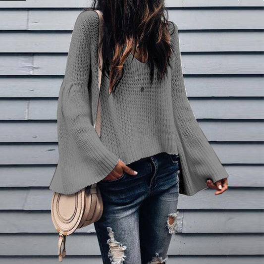 Fashion trend solid color sexy v-neck wool crater loose trumpet sleeves long-sleeved sweater top