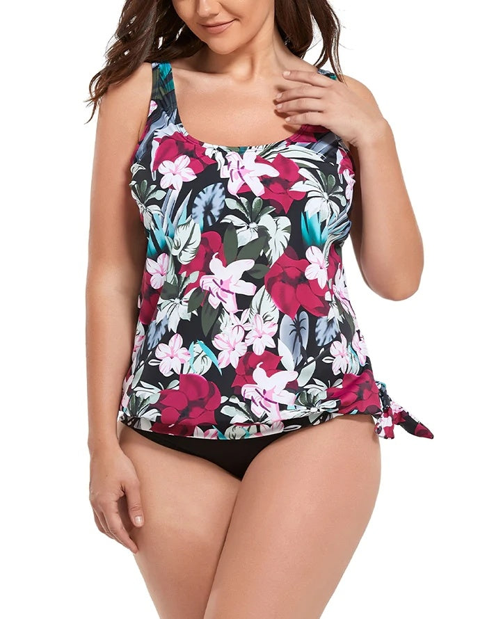 Wine Pink Flower Side Tie Blouson Tankini Top