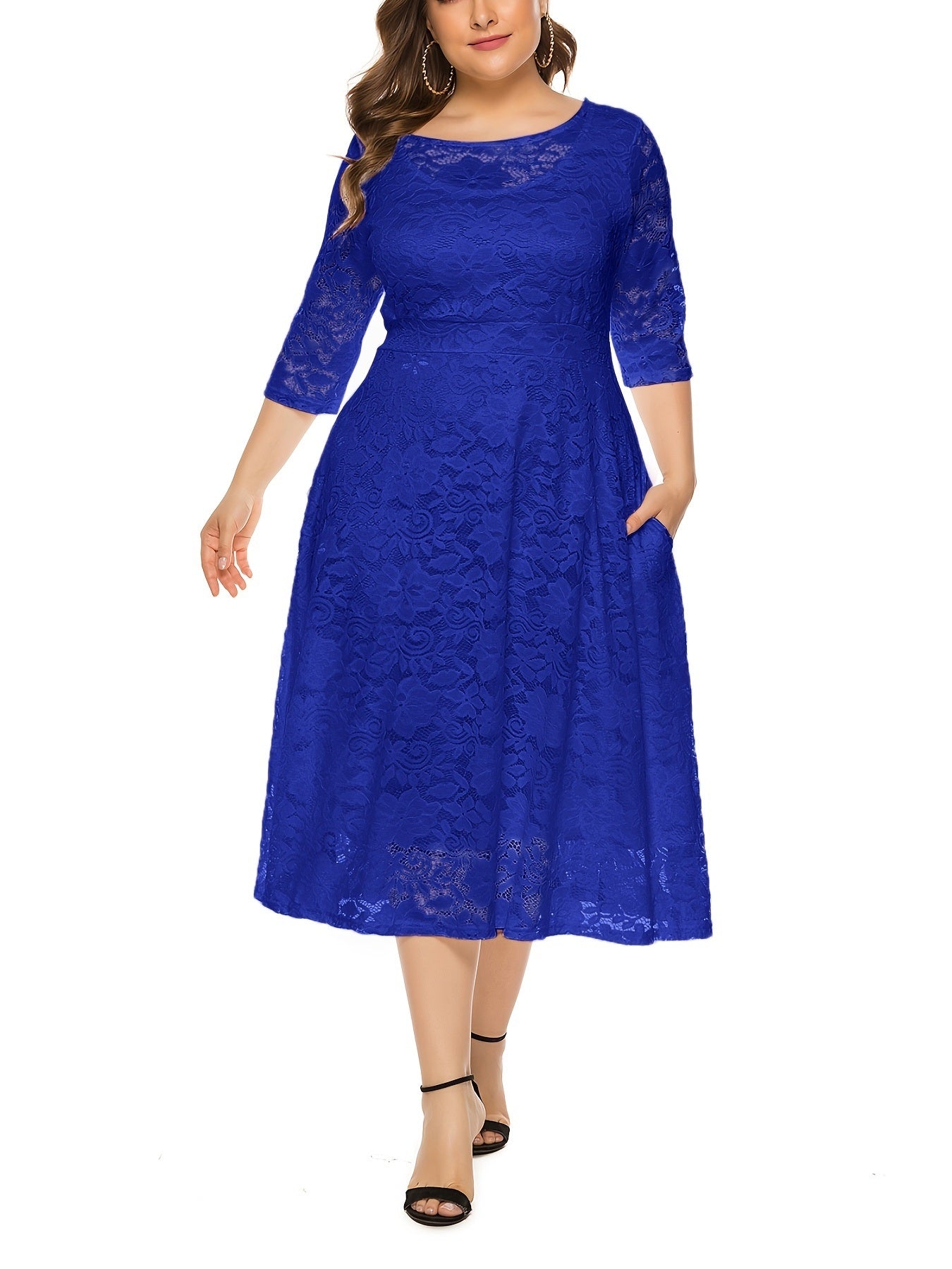 Plus Size Contrast Lace Half Sleeve Semi Sheer Midi Prom Dress; Women's Plus Elegant Party Dress For Wedding