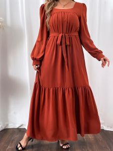 Plus Size Shirred Square Neck Lantern Sleeve Smock Maxi Dress; Women's Plus Solid Elegant Long Dress