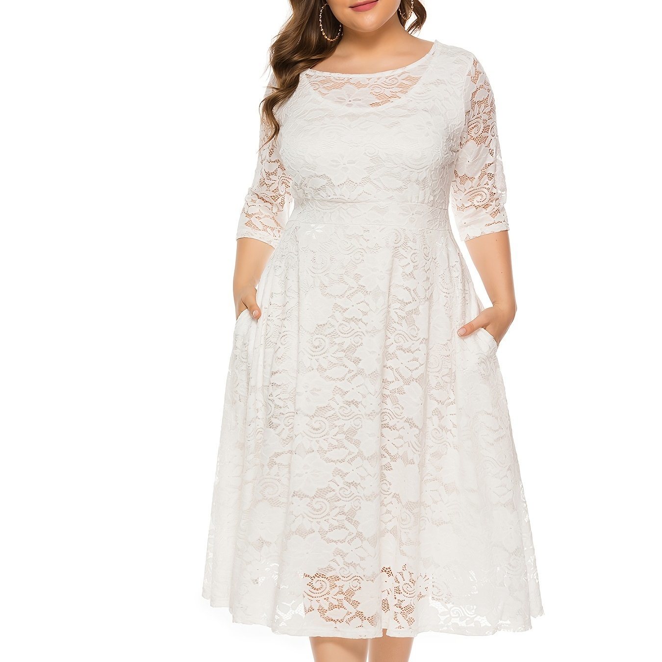 Plus Size Contrast Lace Half Sleeve Semi Sheer Midi Prom Dress; Women's Plus Elegant Party Dress For Wedding