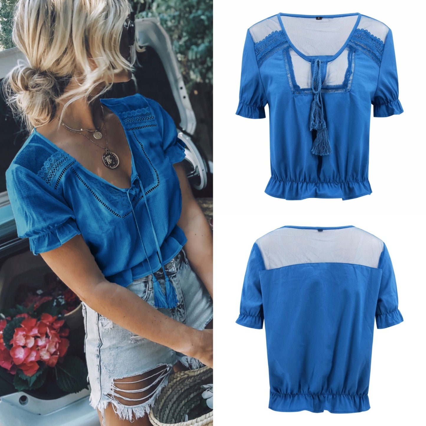 Spring and Summer New Women's Lace Shirt V-neck Tassel Waist Short Crop Top