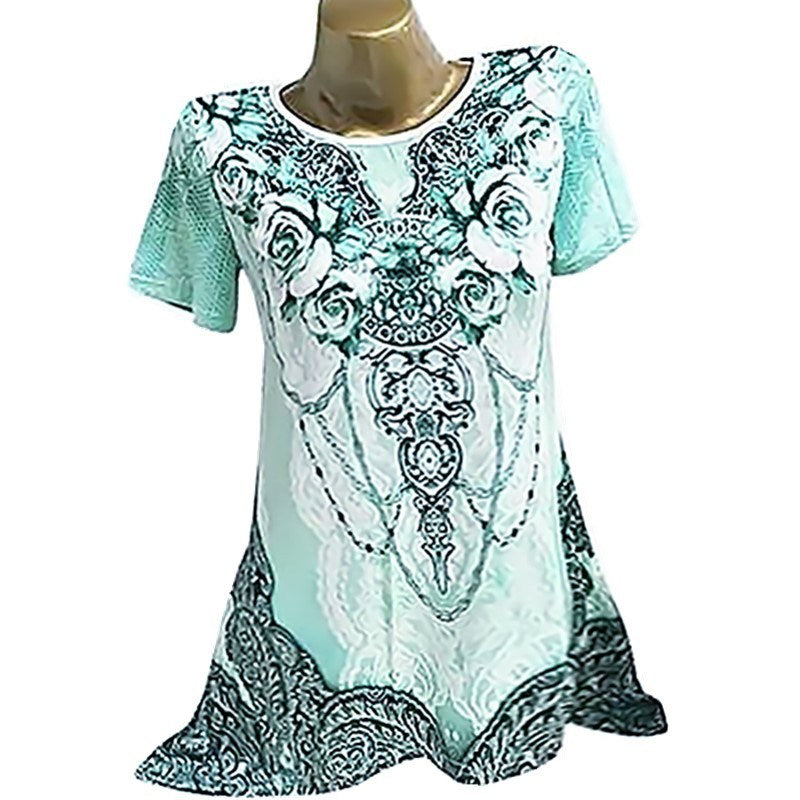 new women's large size irregular shirt printed short-sleeved T-shirt