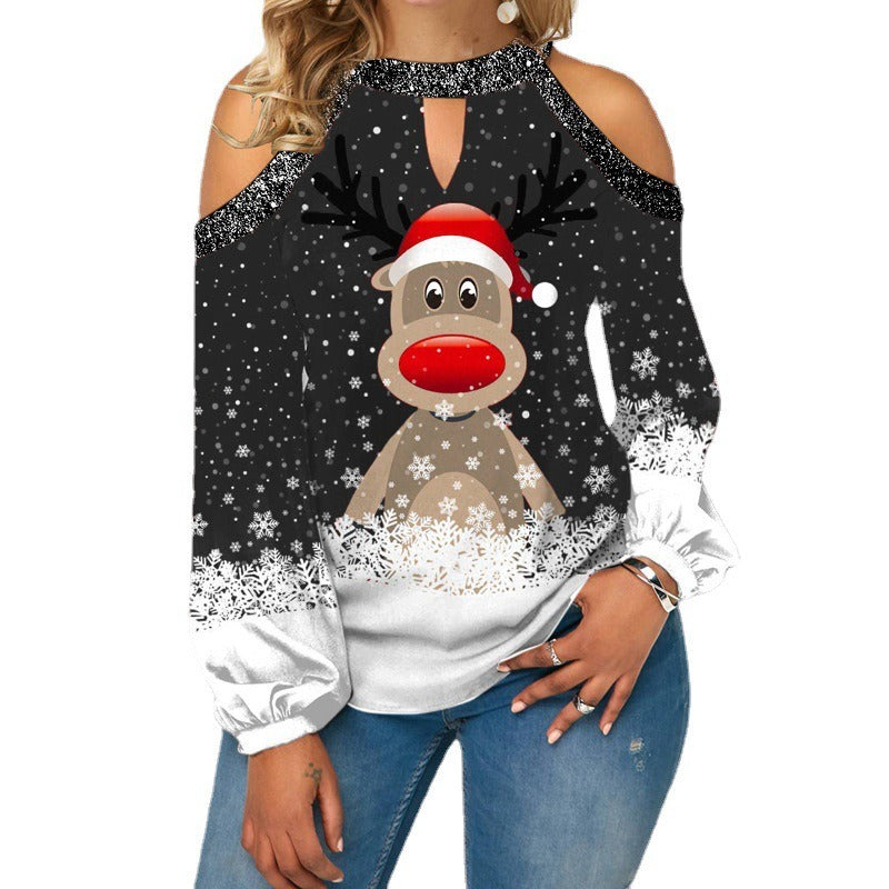 New Women's Christmas Elk Printed Sequin Off-the-shoulder Top Long Sleeve T-shirt Lantern Sleeve