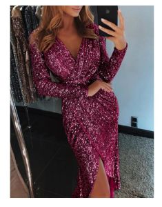 New sequin dress long sleeve V-neck shiny dress evening dinner sexy irregular dress