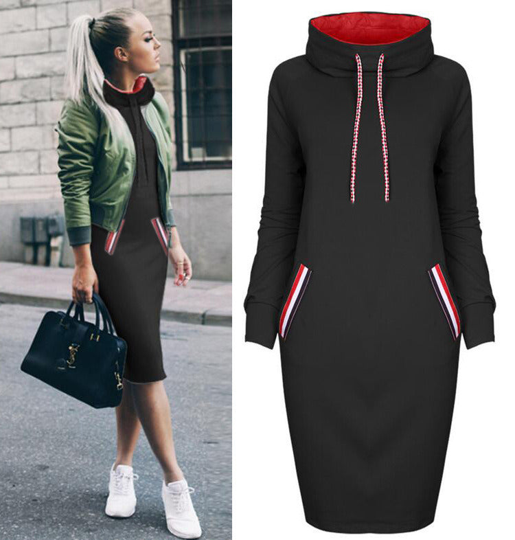 Women's Fashion Autumn Solid Color Loose Casual Long Sleeve Pocket High Collar Hoodie Dress