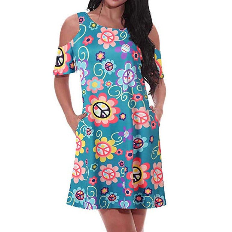 New Women's Short-sleeved Strapless Women's Big Pendulum Printed Dress