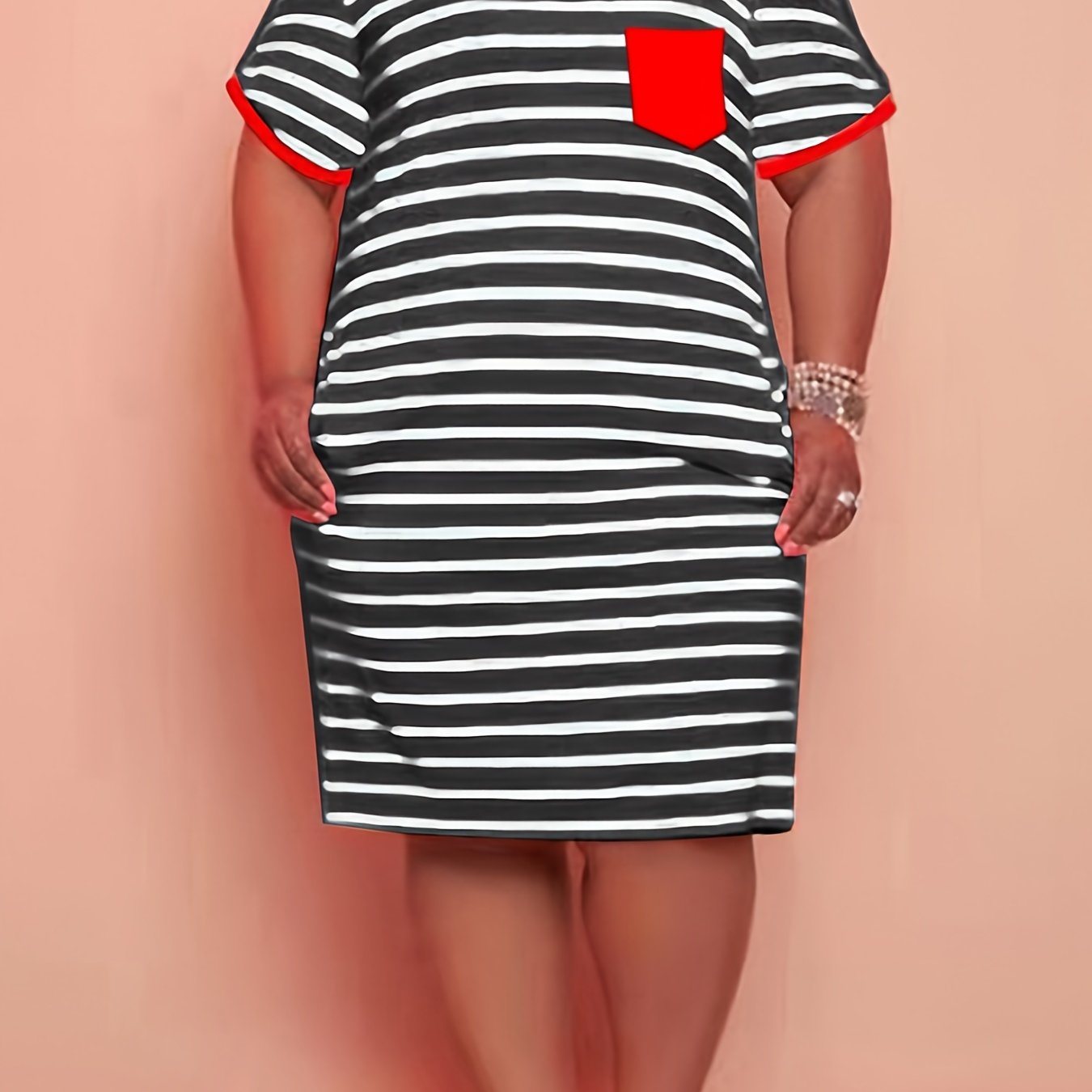 Plus Size Cotton Strip Print Short Sleeve Midi Dress With Pockets; Women's Plus Medium Stretch Dress