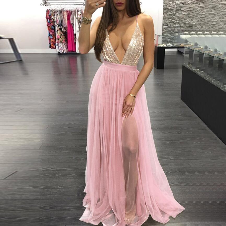 Spring and Summer Sexy V-neck Halter Strap Mesh Stitching Sequins Chiffon Dress Long Skirt Evening Dress