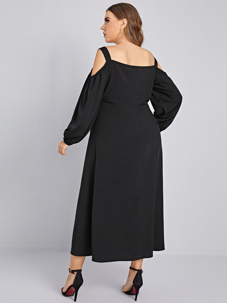 Spring Summer Autumn Plus Size Midi Sling Slit Dress XL-4XL Women Vintage Black Fashion Elegant Long Sleeves Pleated Loose Hem