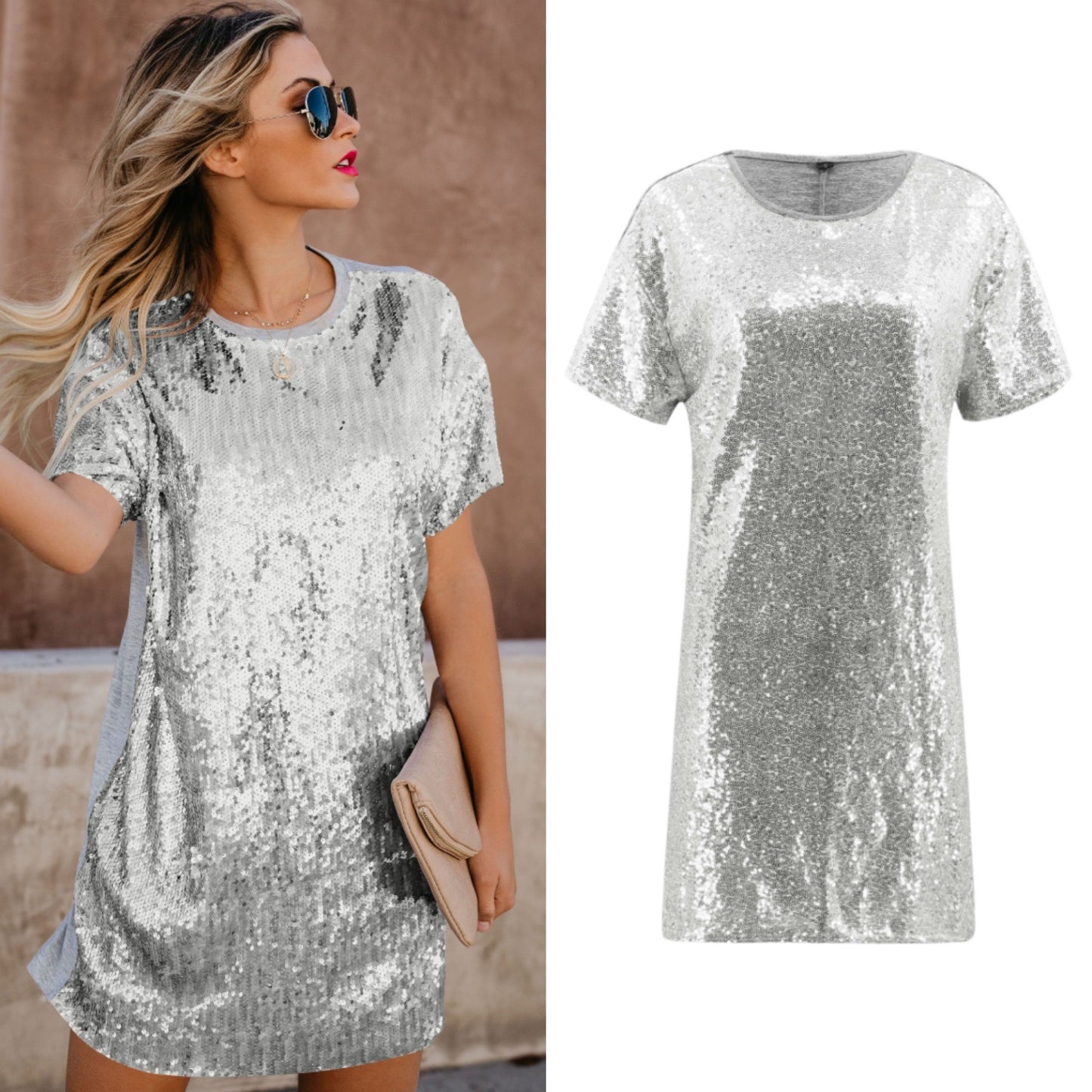 Best Selling Spring and Summer Women's Short Skirt Sequin Stitching Short-sleeved Dress