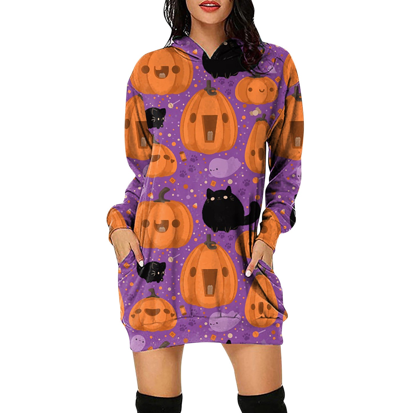 2021 Autumn And Winter Halloween Women's Digital Printed Hooded Long Sleeve Dress