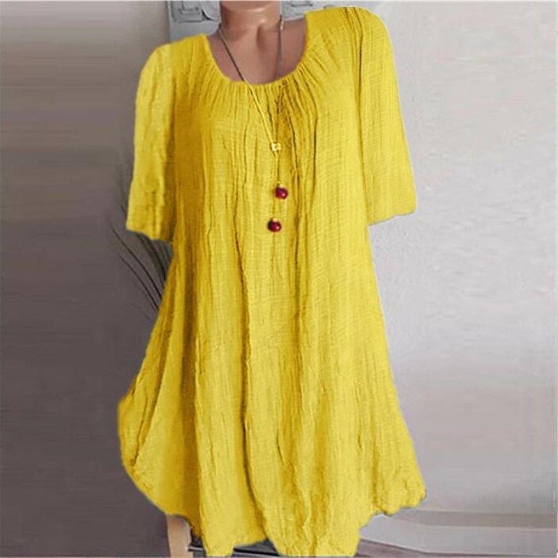 Autumn Cotton and Linen Solid Color Irregular Sleeve Dress