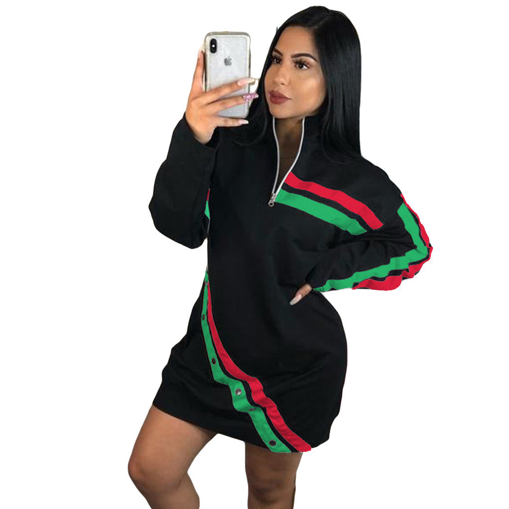 Women Fashion Striped Dress Long Sleeve Zipper Casual Sport Dress Plus Size