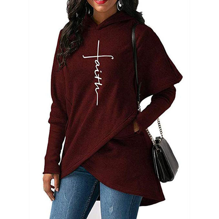 Europe and the United States new faith printing long-sleeved women's shirt autumn irregular hooded sweater women