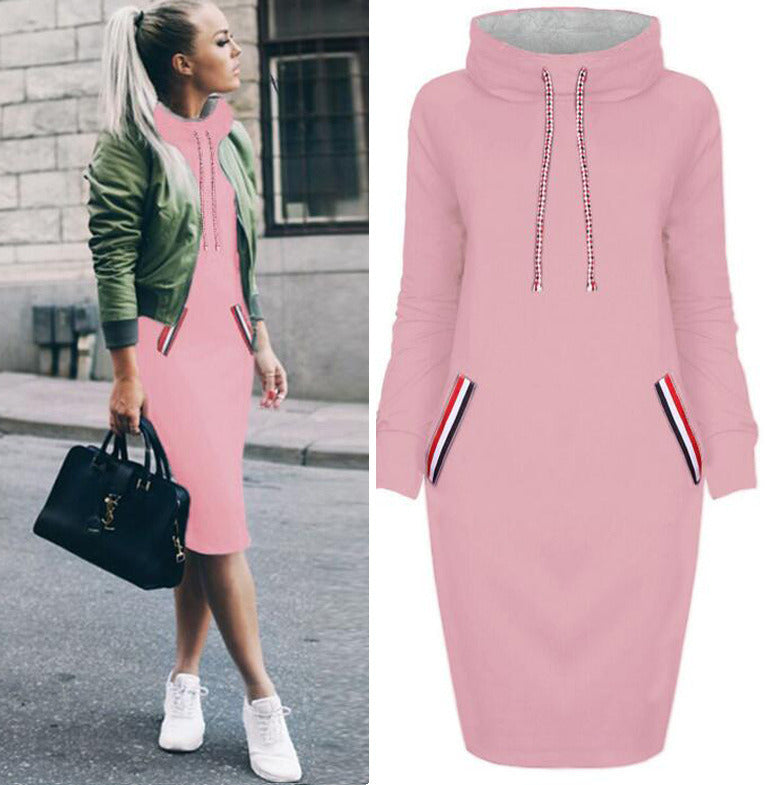 Women's Fashion Autumn Solid Color Loose Casual Long Sleeve Pocket High Collar Hoodie Dress