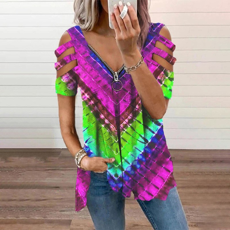 Women's New T-shirt V-neck Zipper Pullover Print Short Sleeve Loose T-shirt Top