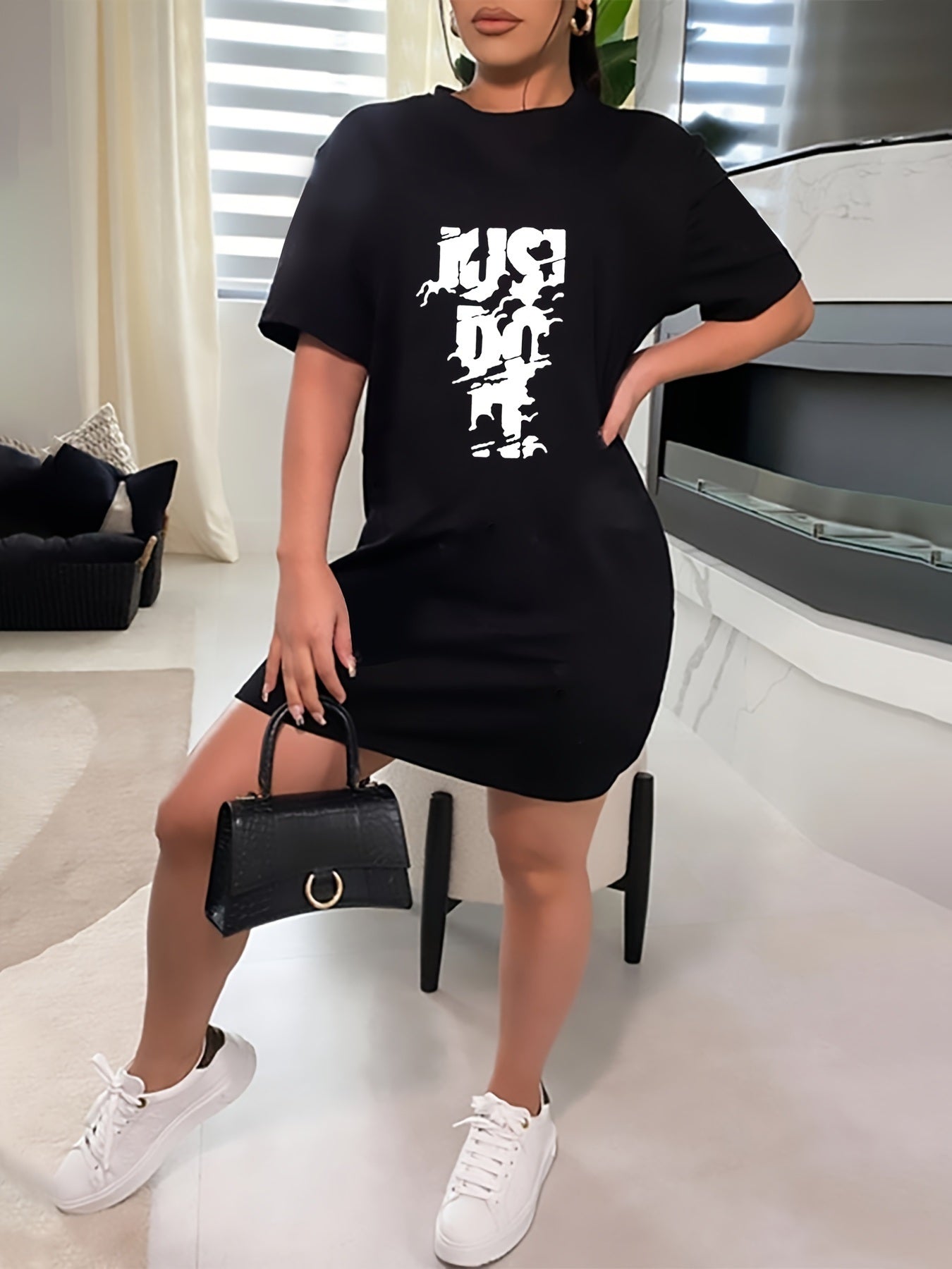 Plus Size Casual Tee Dress; Women's Plus Letter Print High Stretch Short Sleeve Midi Dress