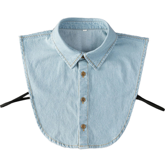 Stylish Unisex Denim Half Shirt Blouse False Collar Solid Color Detachable Light Blue