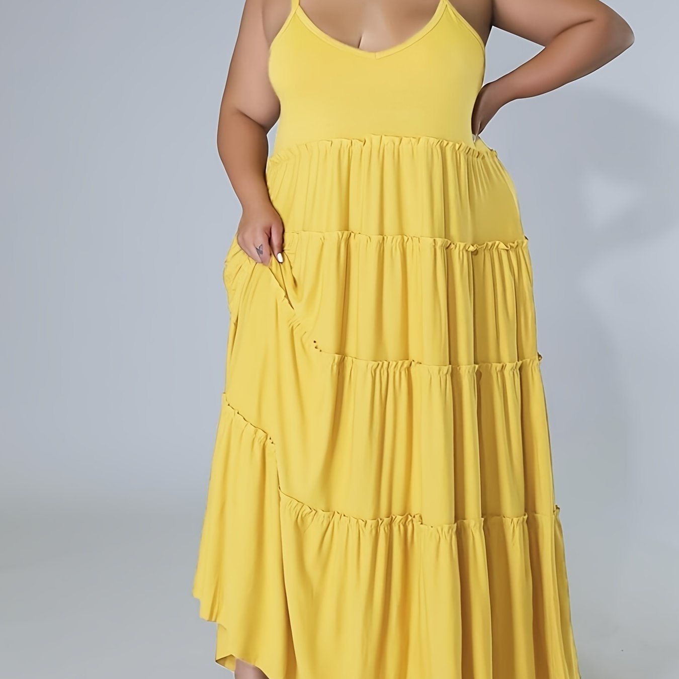 Plus Size Solid Layered Loose Fit Cami Maxi Dress; Women's Plus Sexy High Stretch Long Cami Dress