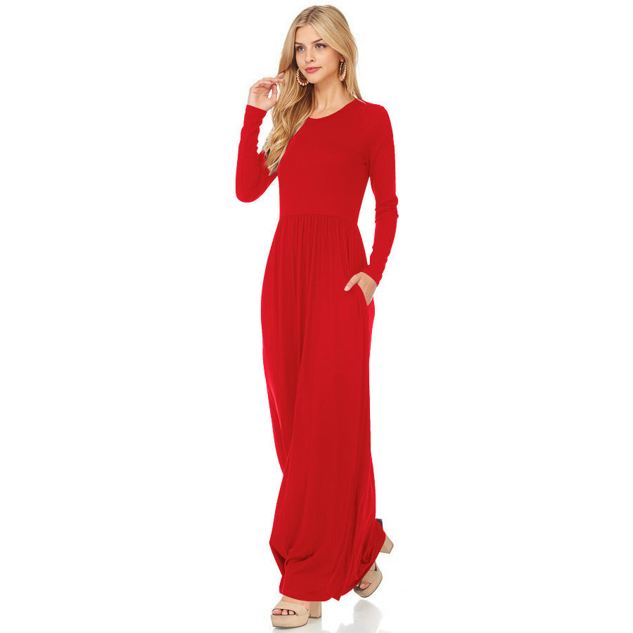 Fashion Women Long Sleeve Solid Color Ruched Dress with Pockets Plus Size Casual Maxi Dress