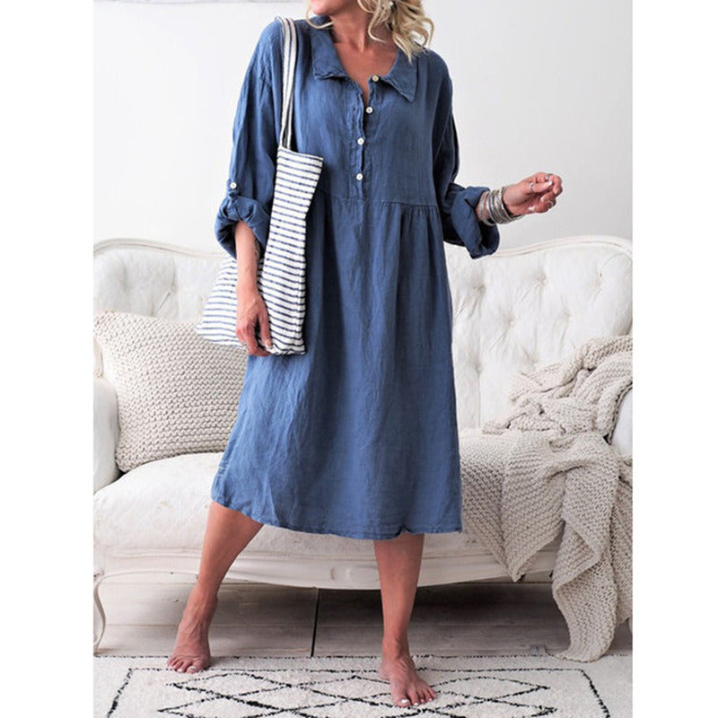 New Women's Solid Color Loose Button Mid-length Dress