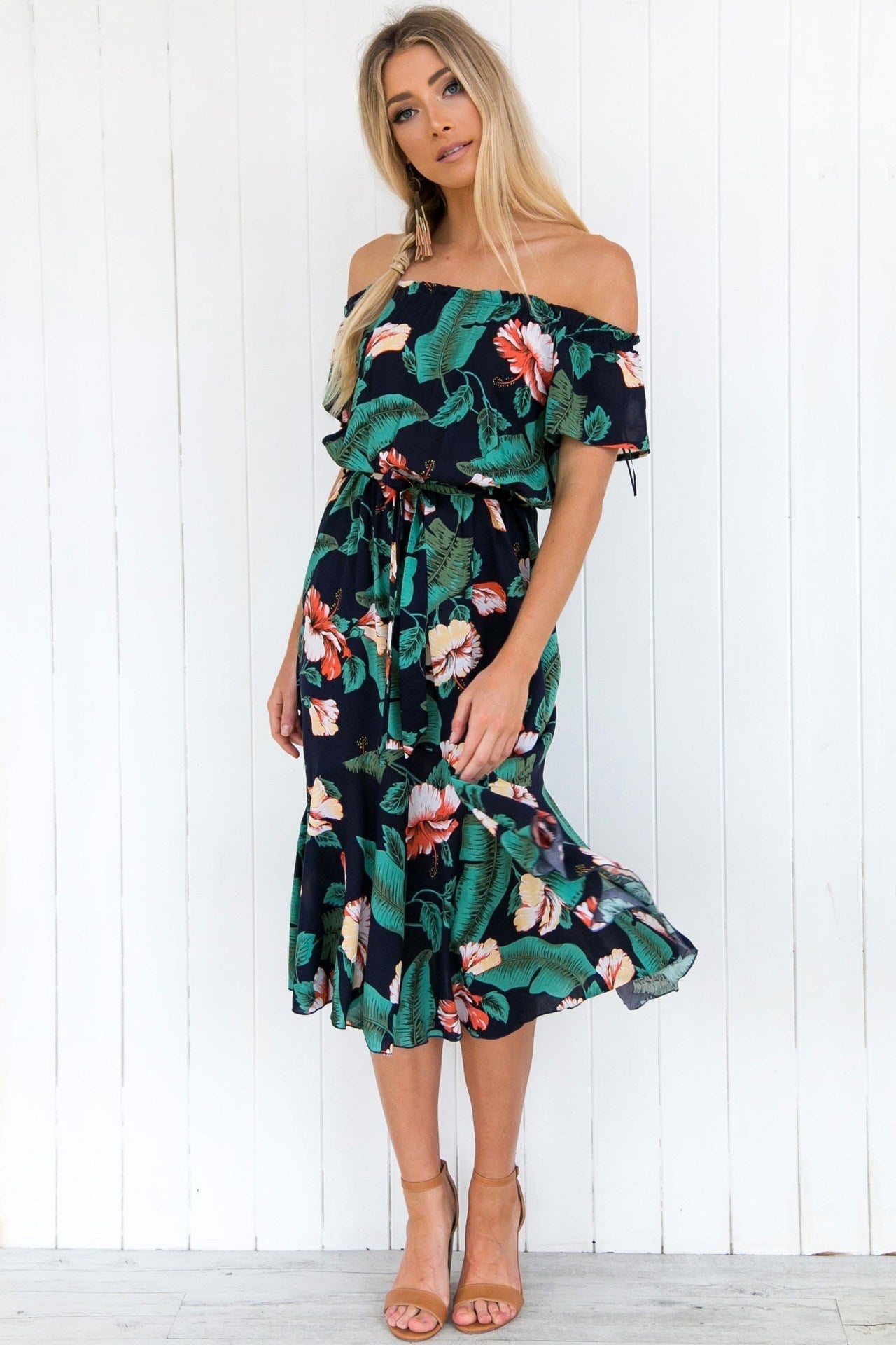 new women's one-shoulder print long beach leaf dress