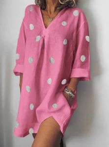 Spring and Summer Linen Loose V-neck Print Cropped Sleeves Split Dress