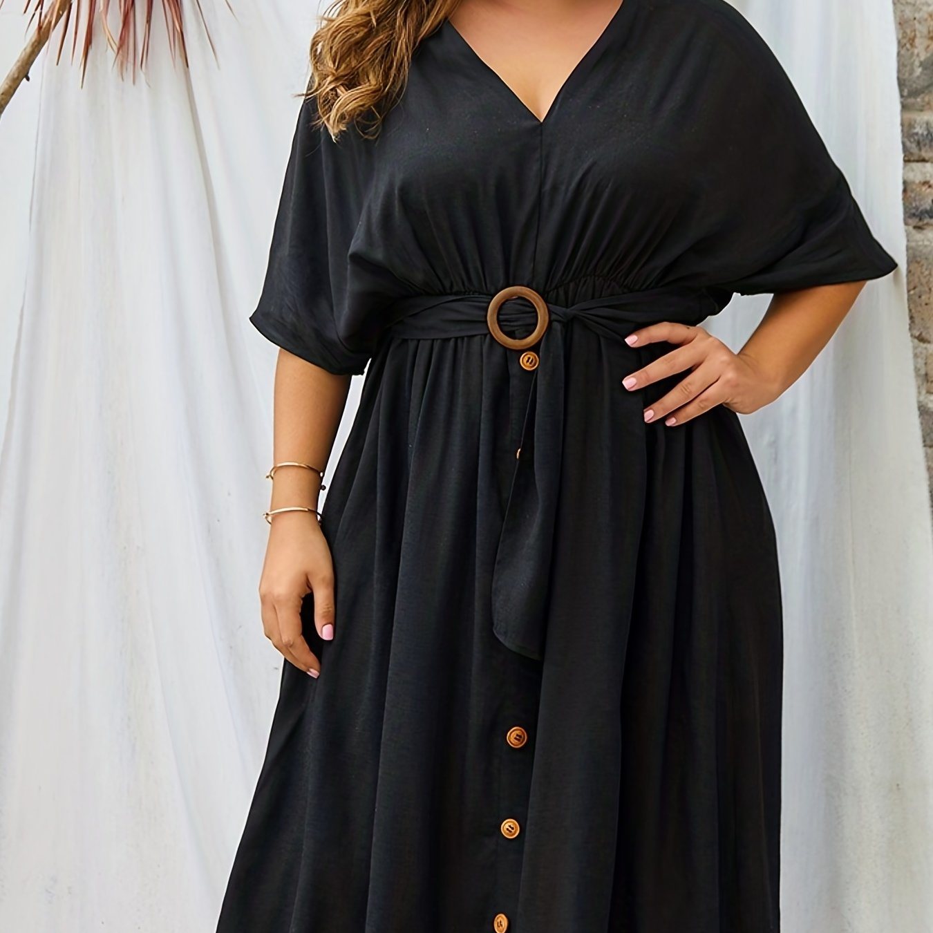 Size Batwing Button Decor V Neck Midi Dress With Belt; Women's Elegant Midi Dress