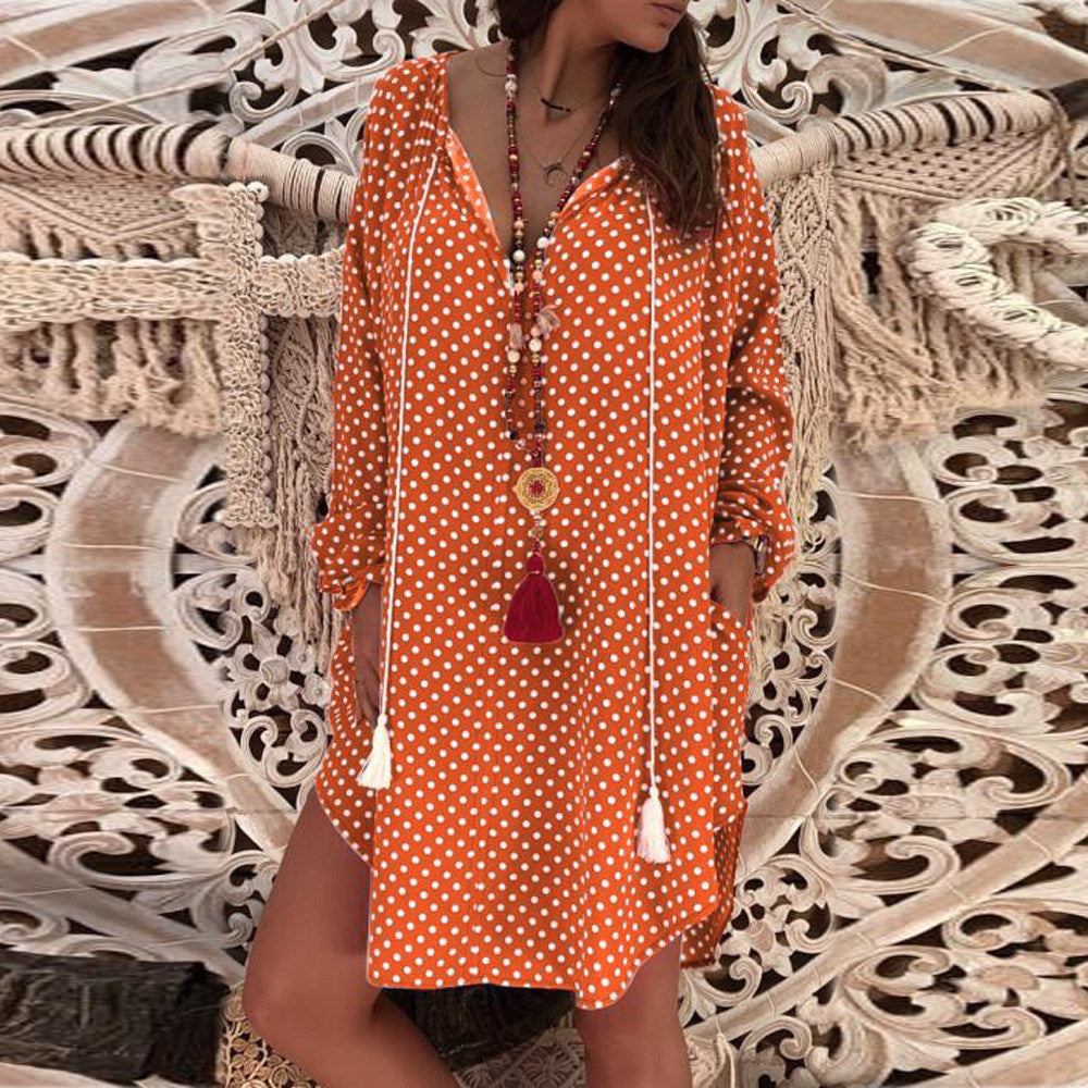 women's new polka dot printed wave point V-neck long-sleeved dress