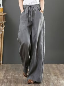 Solid Color Literary Cotton Linen Wide Leg Pants; Women's Trousers