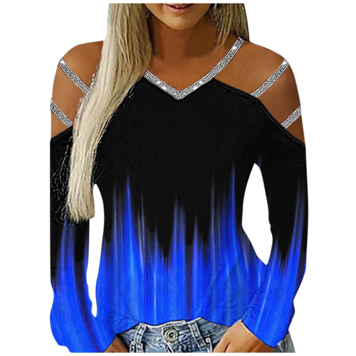 Gradient Printed Women's Shirt Casual Loose Blouses Women Hollow Out Long Sleeves V Neck Off Shoulder Blousess Tops Women