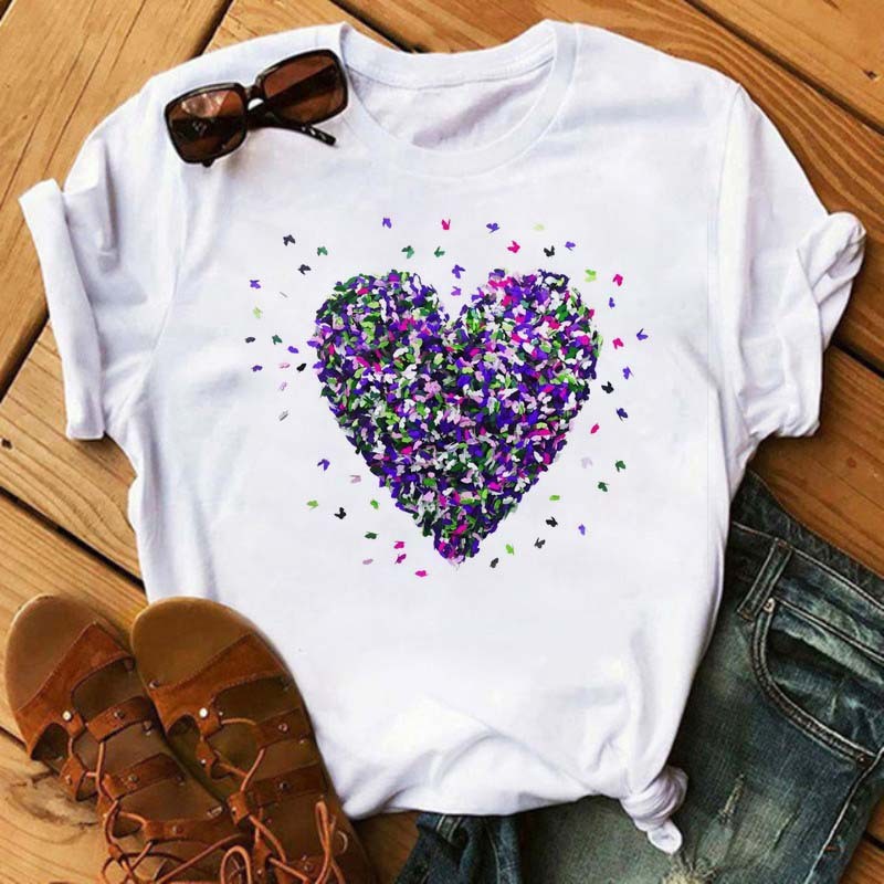 Watercolor Butterfly Heart Printed T Shirt New Women T-Shirt Harajuku Cute Graphic Tee Shirt Ladies Casual Female Tops Tee