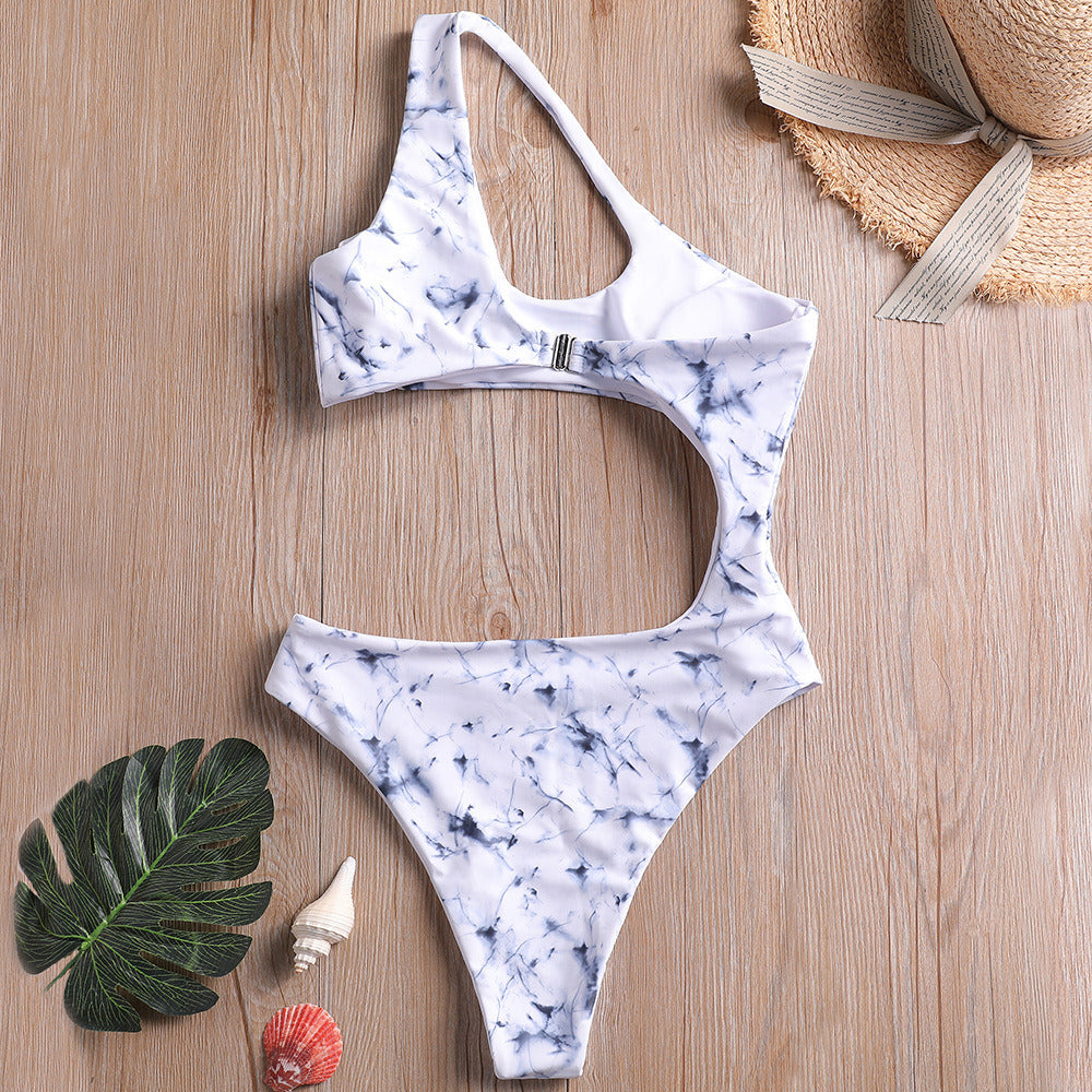 Europe and the United States new swimsuit ink printing sexy gathered irregular one-piece swimsuit