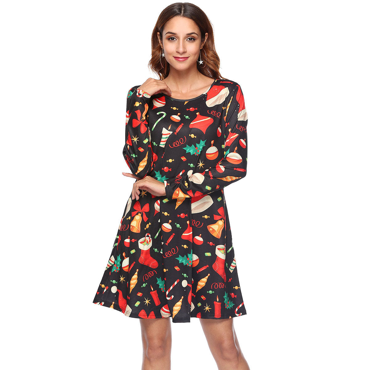 autumn and winter new European and American Christmas dress women's printed A word pocket dress